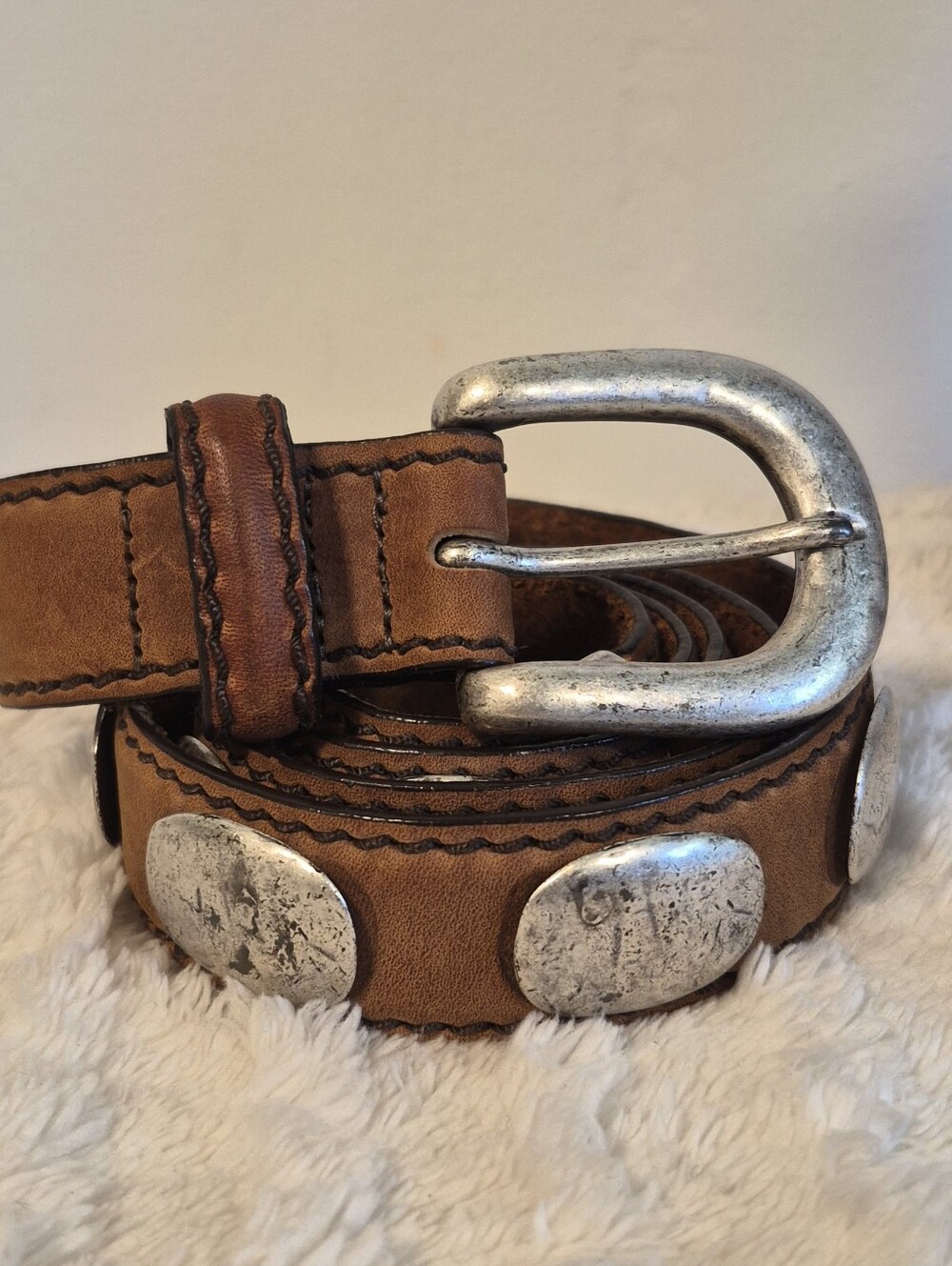 Vtg 90s Billy Belts California Brown Leather Silver Concho Belt USA Size 40